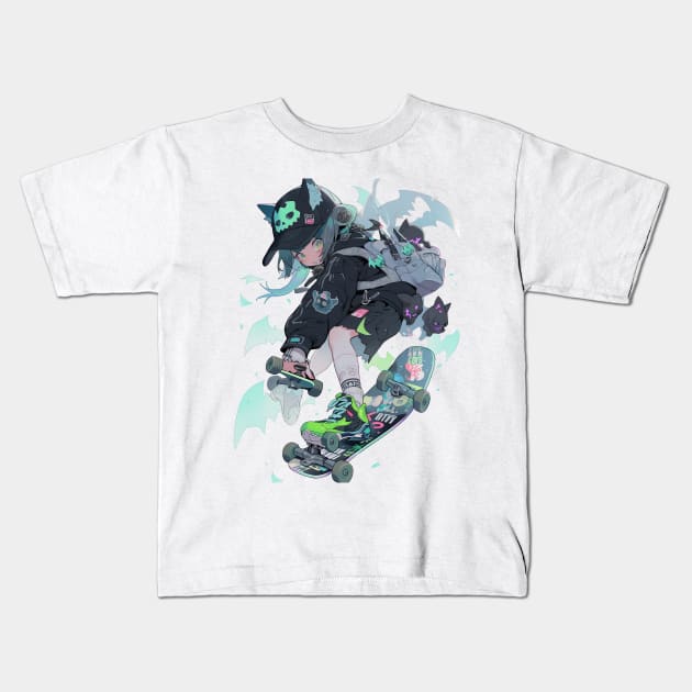 Skater Anime Girl Kids T-Shirt by MikeyMeta